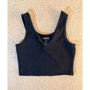 SWS Essentials Women's Black Ribbed Split Neck Crop Tank Top Small